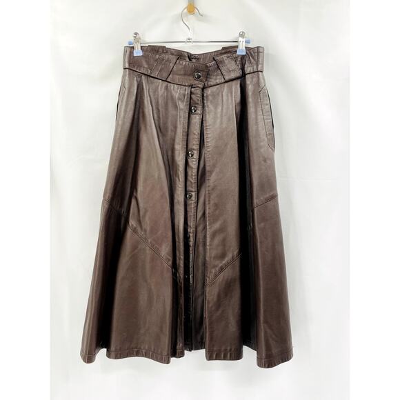 Vintage Chocolate Brown Leather Midi Button Skirt - Picture 1 of 5